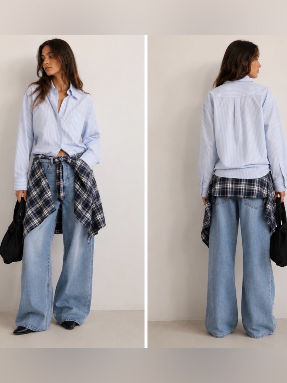 Plaid Tie-Front Shirt Waist Tie in Navy and White From Italy